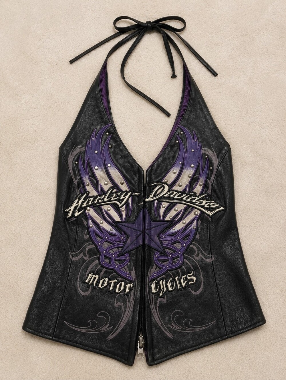 Harley-Davidson Black Leather Halter Vest with Purple Wing Star